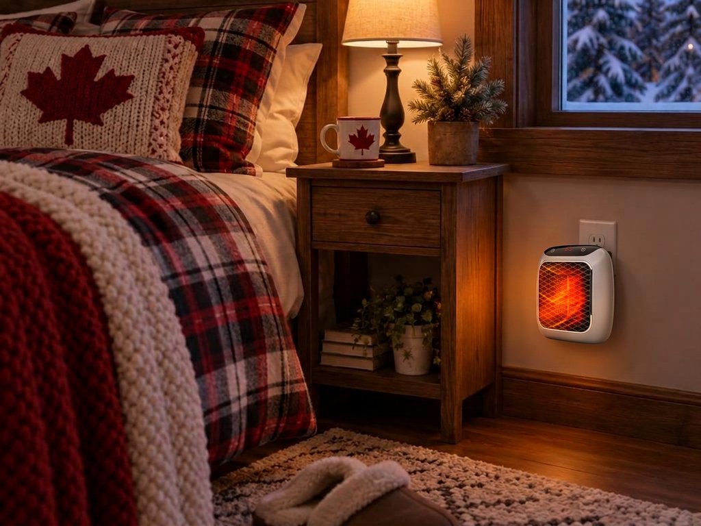 RapidHeat space heater plugged into a bedroom wall outlet, warming the room